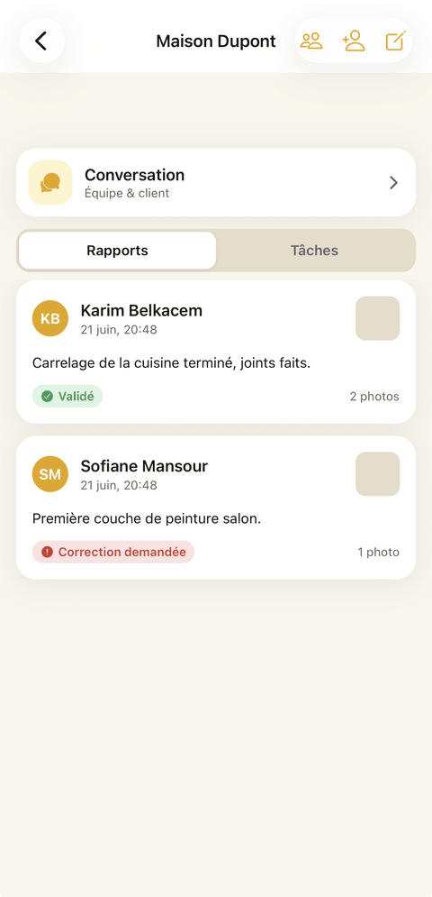 Écran d'un chantier dans IDTrax : rapports à valider avec photos et statuts